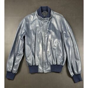 Vintage Bally Switzerland Leather Bomber Jacket Men's IT 44 Blue Made Italy